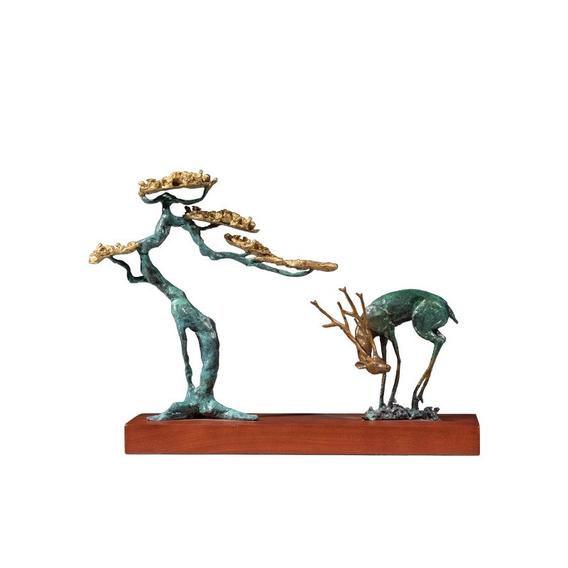 迎客松福鹿黄铜创意摆件