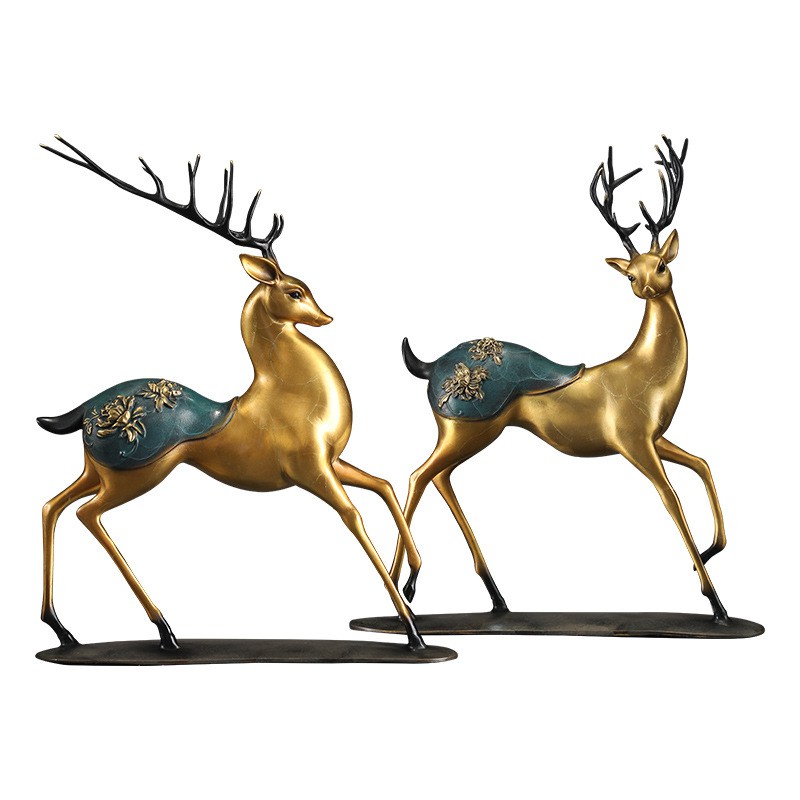 梅花鹿彩铜器工艺品福鹿双全黄铜家居摆件